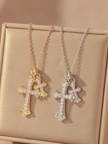 【奢华闪耀】锆石镶嵌双十字架项链，金银双色颈链，独特宗教风格配饰 - 彩色 - 查看 6