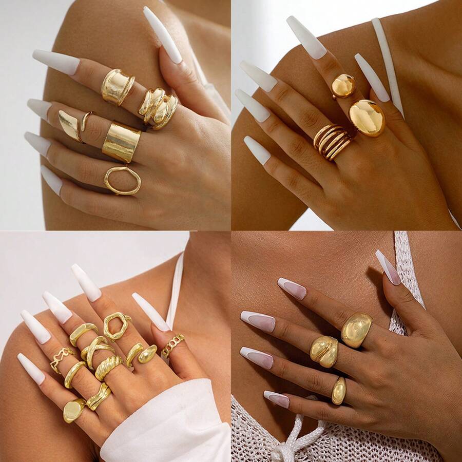 Geometric Metal Style Lava Line Ring Four-Piece Set Irregular Smooth Open Ring SetValentine's Day Gift - 28196-gold - View 1