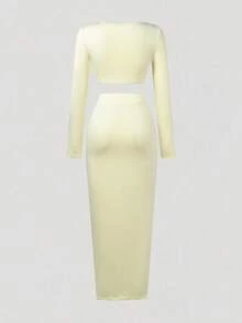2pcs Women's Summer Solid Color Outfit - Cropped Long Sleeve Top And Bodycon Skirt Set, Fitted Sexy Fashion Versatile Suit For Dates, Vacation - Light Yellow - View 6