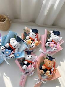 卡通熊花束，祝贺装饰，迷你熊医生花束，婚礼派对装饰，毕业派对装饰及礼物，教师节礼物，毕业季礼物，熊医生花束，成品针织花束，送给同学的创意礼物，针织羊毛花束，医生帽熊礼物 - 彩色 - 查看 3