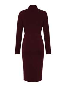 女士纯色连衣裙，适合工作、办公室、婚礼宾客、春秋等场合，优雅百搭。 - 酒紅色 - 查看 4