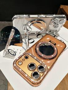 Diamond Luxury Shiny Rhinestone Lens Protection Plating Anti-Drop Phone Case, With Shiny Sequin Makeup Mirror Finger Ring Holder, High-Quality Shock-Proof Frame Back Cover, Compatible With IPhone 17/16E/15/14/13/12/11/X/XS Max/XR/Pro Plus/8/7, Galaxy A02S-A07/A12-A17/A22-A26/A32-A36/A50-A56/S20-S25, Honor Magic, OPPO Reno, Redmi, Infinix Smart - Silver - View 5