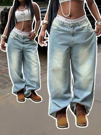 Fall Clothes Plus Size Women's Plus Size Low Waist Washed Denim Jeans | Retro Faded Look Non Elastic Denim Pants