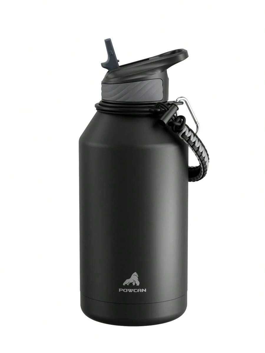 64盎司/1.9升半加仑保温水瓶，带吸管盖 - 加厚不锈钢真空保温水壶，大容量运动水瓶，带提手/肩带，防漏双层壁设计，保温/保冷，是健身、徒步、旅行和上学的理想之选 - 黑色 - 查看 1