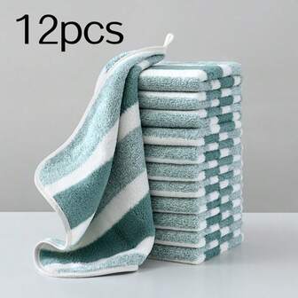 12件套超柔软条纹珊瑚绒手巾套装 - 11.8英寸 x 11.8英寸，速干亲肤，非常适合厨房和浴室使用，也可用作沙滩巾、纸巾、手巾、浴巾套装、厨房毛巾、浴室毛巾套装、圣诞装饰、感恩节装饰或圣诞礼物。