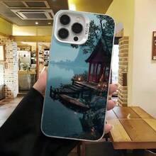 Carcasa de teléfono con diseño de paisaje acuático azul oscuro con pagoda y barco en el agua para uso diario en cafeterías y espacios interiores - Negro - Ver 3