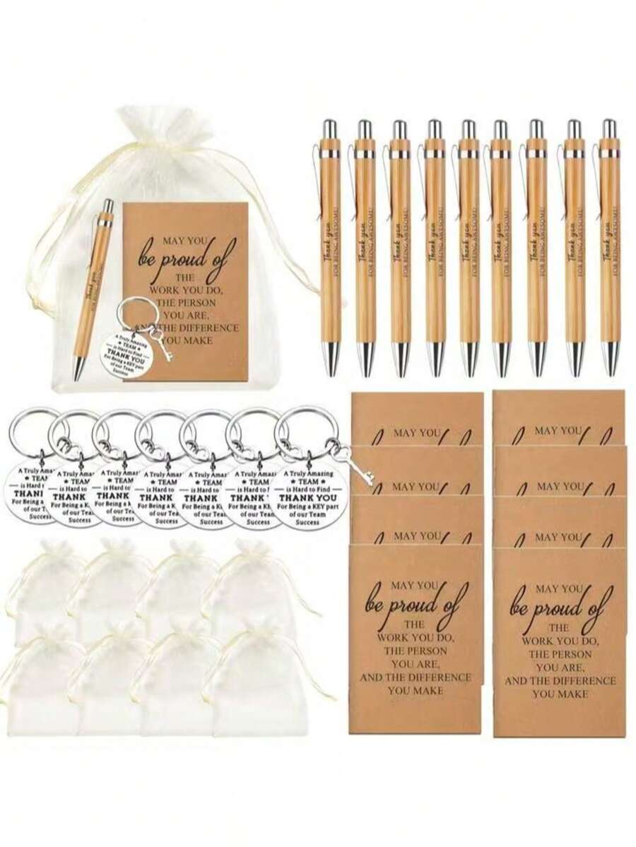 3/4/12/28pcs Set, Keychain Set Includes Bamboo Pen, Inspirational Notebook, Motivational Keychain And Gift Bag - Suitable For Team Gifts, Employee Appreciation Gifts, Office Gifts, Suitable For Employees, Volunteers, Nurses, Teachers, Colleagues, Team Building Retirement Gifts, Car Accessories, Bag Charms, Cute Goth Style, Y2K Style, Christmas Gift Ideas