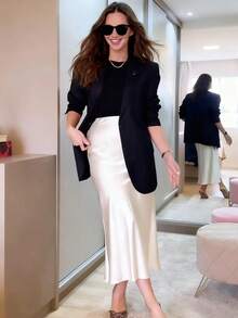 缎面中长裙，开衩裙摆，优雅高腰休闲A字裙，带拉链，适合春夏婚礼宾客穿着，面料无弹性。建议选购大一码。 - 白色 - 查看 10