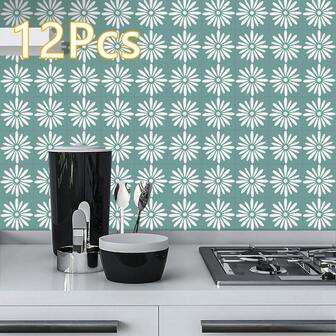 12pcs Daisy Pattern Kitchen Ceramic Tile Stickers, Glass And Adhesive Wallpaper, Thickened Matte Bohemian Style Wall Stickers For Bathroom, Kitchen, Living Room And Office Decoration, Waterproof