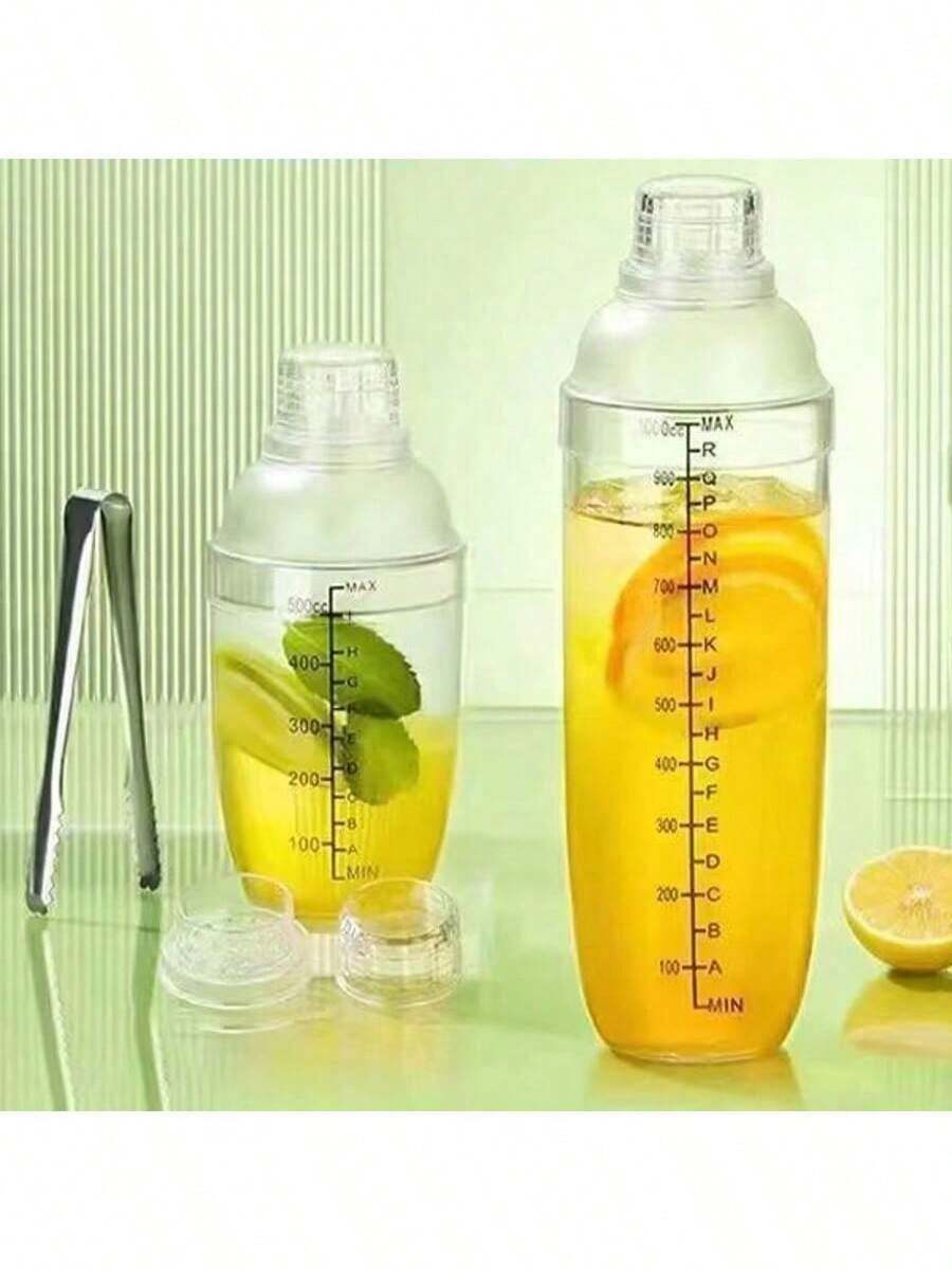 Set de 3 piezas de coctelera, incluye taza de coctelera con marcas de medición, coctelera, majador y tapa a prueba de salpicaduras, material resistente, ideal para bebidas caseras, tiendas de leche con té - transparente - Ver 1