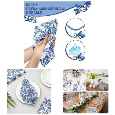 200 Pcs Blue Floral Guest Napkins Decorative Hand Towels Decorative Paper Hand Towels Blue and White Napkins Disposable Paper Bathroom Guest Towels Spring Flowers Napkins Bathroom Toilet