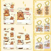 1 pieza Soporte para tarjeta de identificación de estudiante, tarjeta de acceso, tarjeta de almuerzo, tarjeta de autobús, tarjeta de trabajo con diseño de Capibara comiendo pastel y cordón retráctil amarillo de primavera, estilo lindo para el campus - casquillos de resorte - Ver 7