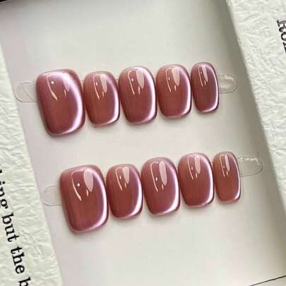 10片手工美甲片，椭圆方形亚克力按压式美甲，短款/中款，极简粉色美甲，闪亮猫眼美甲，简约优雅奢华手工美甲，秋季美甲，秋季按压式美甲，可爱美学，百搭美甲，DIY假指甲，派对日常及约会适用，海滩热带度假适用，可重复使用，适合女性和女孩作为礼物，美甲用品，手工按压式美甲