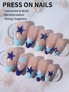 24 piezas de pegatinas de uñas acrílicas con forma de almendra, estilo francés azul, ajuste perfecto. El set incluye: 1 pieza de esmalte de gel y 1 pieza de lima de uñas. Haz que tus uñas brillen hermosamente, adecuado para fiestas, baile y uso diario. - Ver 3