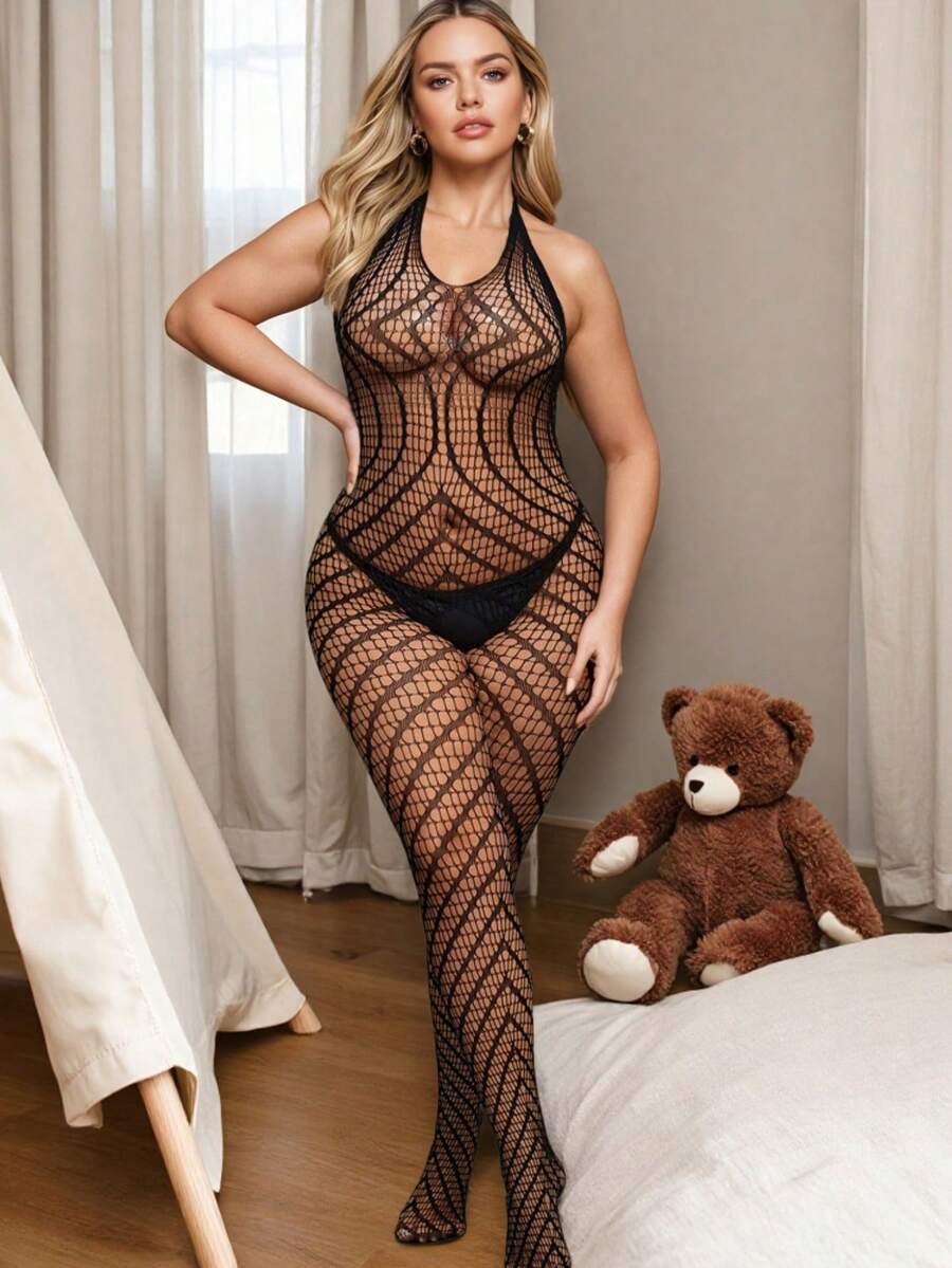 1 Set Of Sexy Women's Lingerie, Including A Halter-Neck, Backless Mesh Bodysuit, Striped Bodysuit, Sheer Fishnet Stockings, Suitable For Christmas, Valentine's Day, Anniversaries, Creating A Sexy Look.