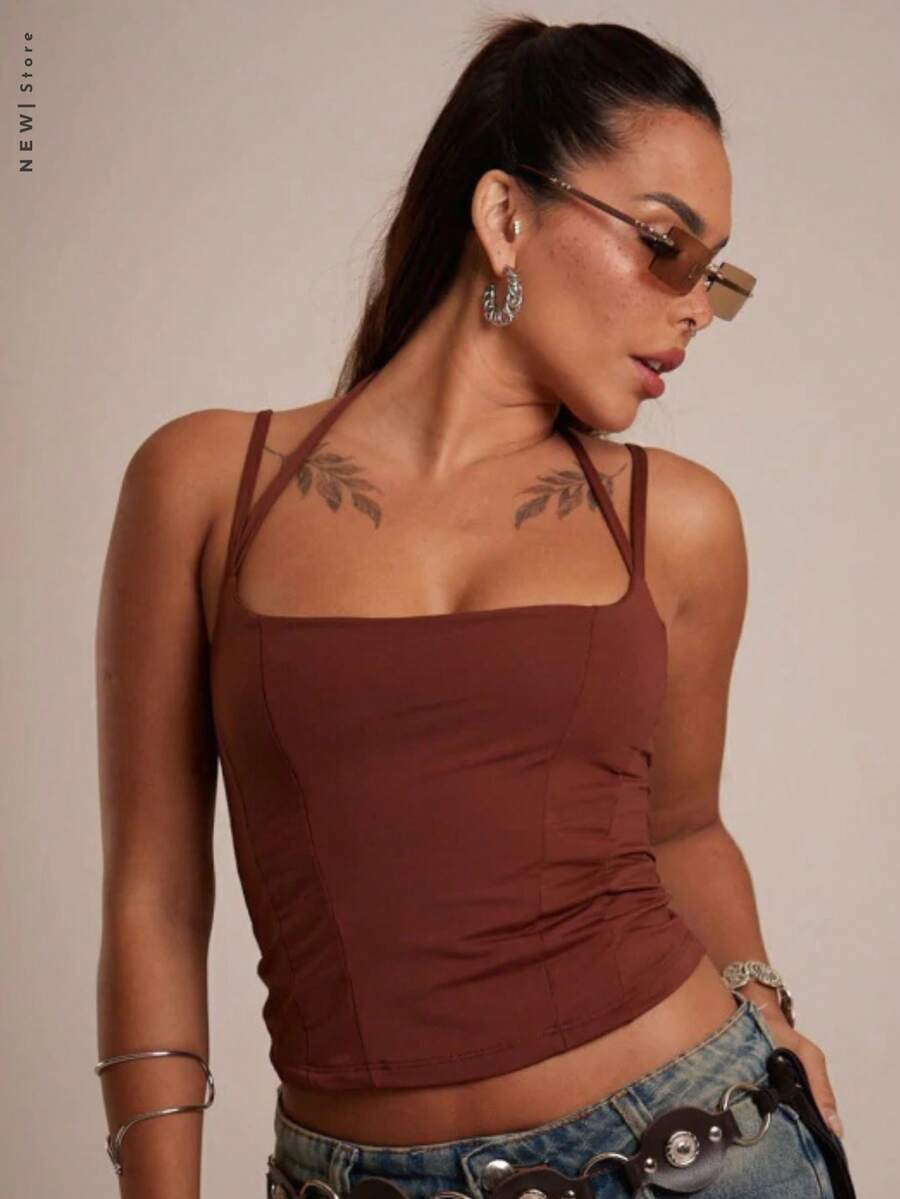 Cropped Corset Tank Top With Double Straps - Rust Brown - View 1