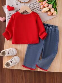 2pcs Baby Girl Fashionable Minimalist Bohemian Style Set: 3D Bow Decor Fringe Trim Crew Neck Long Sleeve Top And 3D Bow Decor Elastic Waist Denim Pants - Red - View 3