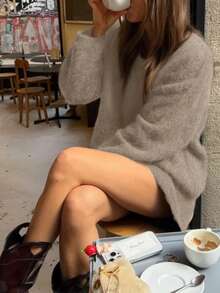 SEREN 秋冬新款灰棕色圆领长袖针织套头衫女上衣 时尚宽松简约大气经典优雅慵懒风适合日常出门通勤毛衣秋季女装 - Volcanic Gray - 查看 4