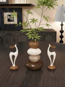 1pc Vase / A Pair Of Deer Ornaments, Modern Wabi-Sabi Style Home Decor (Stacked Stone Vase + Abstract Deer), Earth-Toned Minimalist Design - Geometric Vase-Themed Decoration. The Vase Is Not For Holding Water And Is Only Intended For Decorative Artificial Flowers. - Multicolor - View 5
