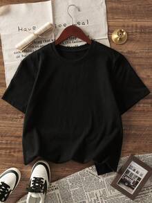 5pcs/Set Tween Boys Black Crew Neck Short Sleeve T-Shirts, Soft & Comfortable Tees Suitable For Casual Daytime And Warm Nights! Kids Graphic Tees - Black - View 2