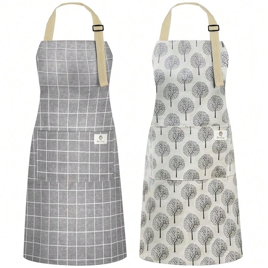NLUS 2 Pack Waterproof CooFKing Aprons, Adjustable Bib Soft Chef Apron With 2 Pockets For Men Women (Gray Stripe/Gray Trees),GrayStripe/GrayTrees - GrayStripe/GrayTrees - 查看 1