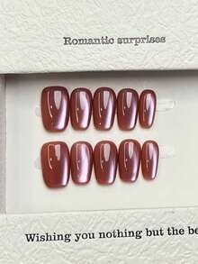 10片手工美甲片，椭圆方形亚克力按压式美甲，短款/中款，极简粉色美甲，闪亮猫眼美甲，简约优雅奢华手工美甲，秋季美甲，秋季按压式美甲，可爱美学，百搭美甲，DIY假指甲，派对日常及约会适用，海滩热带度假适用，可重复使用，适合女性和女孩作为礼物，美甲用品，手工按压式美甲 - 粉色 - 查看 6