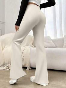 Quần thể thao yoga ống loe cạp cao màu trơn dành cho nữ cỡ nhỏ, quần legging bó sát nén thích hợp cho chạy bộ và tập thể dục. - Màu be - Xem 5