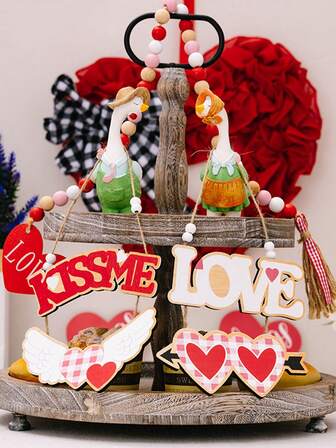 2pcs Valentine's Day Decorative Items, Wooden Pendants, LOVE Cupid Pendants, Atmosphere Decor, Heart-Shaped Pendants, Suitable For Room Decor, Valentine's Day Gifts, Valentine's Day Decors, Valentine's Day Parties