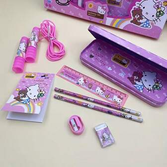  Sanrio Hello Kitty komplett set skol- och kontorsmaterial - sött rosa och vitt pennfodral med linjal, anteckningsbok och suddgummi, praktiskt set