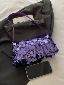 1pc, Joker Fashion , High Value And Niche Design Portable Shoulder Bag, Solid Color Polyester Fabric Sequins Splicing Decoration And Multicolor Optional Square Bag, Suitable For Ladies' Daily Commuting And Shopping Occasions. - Multicolor - View 6