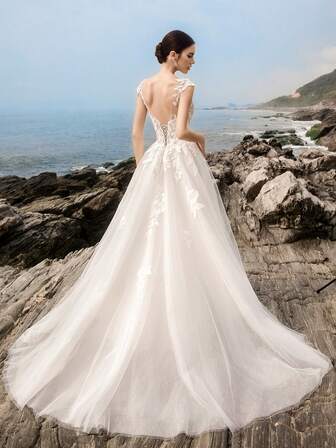 HEARBOBO Elegant Boho White Stretchy Floral Lace Patchwork, Split Thigh Prom Dress,Chic Backless Mesh A-Line Wedding Dress For Bride