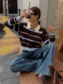 FOR BEAUTY 条纹撞色领修身毛衣，女士新款休闲通勤百搭上衣，适合秋冬季节，时尚日常小众嘉年华针织毛衣 - 棕色 - 查看 11