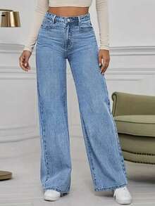 Women's Mid Waist Non Elastic Casual Loose Straight Leg Denim Pants Suitable For Daily Commuting And Home Wear - 中等水洗藍 - 查看 5