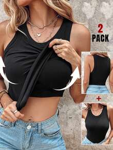 ChicMe 2 piezas Camiseta sin mangas de punto acanalado con sujetador incorporado, top casual ajustado y estilizador para el verano - Estilo 2 - Ver 4