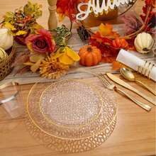 10pcs Transparent Hammered Gold Rim Plates, Dinner Plates, Salad Plates - Includes 10pcs 10.25-Inch Plates Or 10pcs 7.5-Inch Plates, Essential For Dinner, Dessert, Party, Wedding
