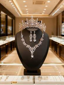 4件套奢华全镶钻首饰套装 - 金色宫廷风水晶皇冠项链及耳环，新娘婚礼派对女王级配饰