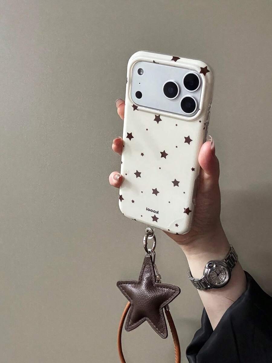 Custodia per telefono con motivo a stelle bianco latte, nuova custodia protettiva di alta gamma stile coreano autunno/inverno minimalista e creativa per iPhone 13, 14, 15, 16, 17 Pro Max, con cordino, stile Ins