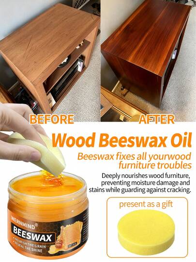 2.89盎司木器护理抛光蜂蜡 - 恢复木制家具光泽，去除污渍，富含精油的抛光蜡 - 含海绵涂抹器 - 适用于硬木家具和地板的蜂蜡抛光剂 - 家居必备产品，可恢复各种木制品的光泽