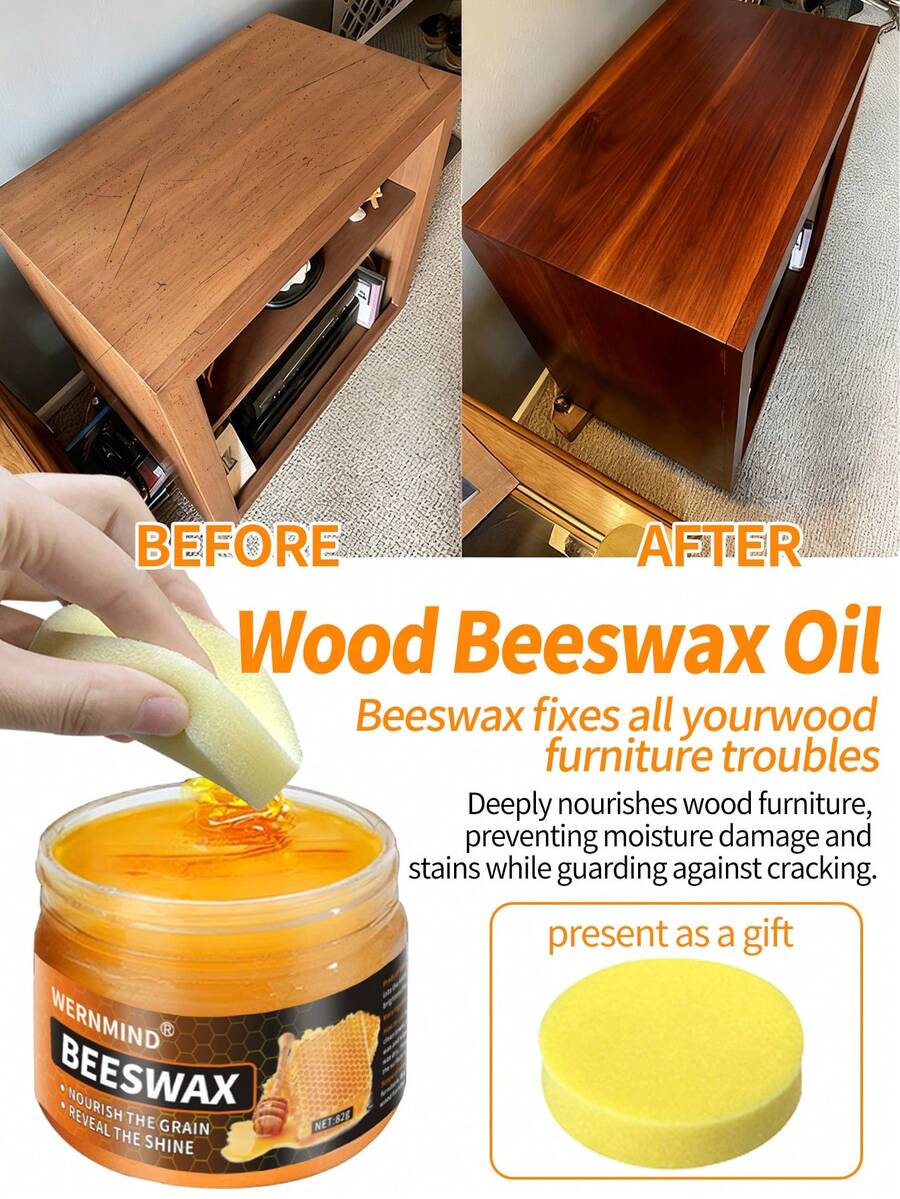 2.89盎司木器护理抛光蜂蜡 - 恢复木制家具光泽，去除污渍，富含精油的抛光蜡 - 含海绵涂抹器 - 适用于硬木家具和地板的蜂蜡抛光剂 - 家居必备产品，可恢复各种木制品的光泽