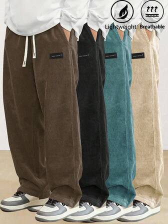 2 件男士灯芯绒直筒抽绳腰休闲裤，适合日常、休闲、运动、徒步穿着，春秋季