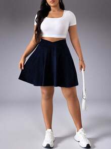 大码女式夏季运动户外跑步健身休闲纯色高尔夫V领高腰显瘦迷你裙短裤 - 藏蓝色 - 查看 8