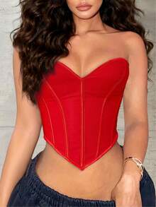 Apperloth A 浪漫红色缝线装饰系带露背短款上衣，性感束身胸衣，适合派对、夜店、音乐节等场合