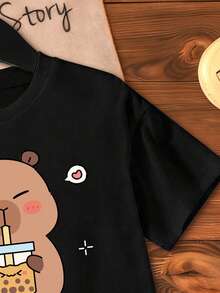 Young Girls Cartoon Print Short Sleeve T-Shirt - Black - View 4