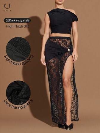 U MII 冬季新款复古性感黑色蕾丝拼接高开衩半身裙，饰有金属装饰，优雅性感，适合派对、下午茶或通勤穿着。