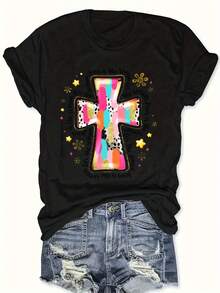 Plus Size - Women's Plus Size Extra Large T-Shirt - White Religious Inspirational Christian Pattern T-Shirt With Colorful Letters And Floral Cross Design, Soft Round Neck Short Sleeve Casual Church Clothing, Suitable For Easter, Christmas - Black - View 1