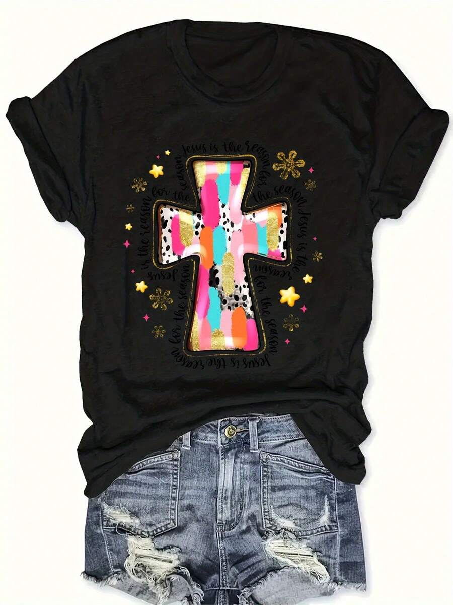 Plus Size - Women's Plus Size Extra Large T-Shirt - White Religious Inspirational Christian Pattern T-Shirt With Colorful Letters And Floral Cross Design, Soft Round Neck Short Sleeve Casual Church Clothing, Suitable For Easter, Christmas - Black - View 1
