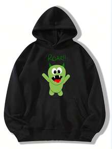 Plus Size Women's Green Monster & ROAR! Print Hooded Sweatshirt - Cute Cartoon Creature Pullover With Kangaroo Pocket, Soft Casual Long Sleeve Sweater For FallWinter, Machine Washable (Casual Outfits, Themed Events) - Fun Monster Graphic Sweater For Women, Playful Green Monster Print, Relaxed Fit, Drawstring Hood, Cozy FallWinter Wear - 黑色 - 查看 4