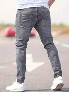 Men's Fashionable Distressed Patch Skinny Jeans, Denim Pants - Grey - View 2