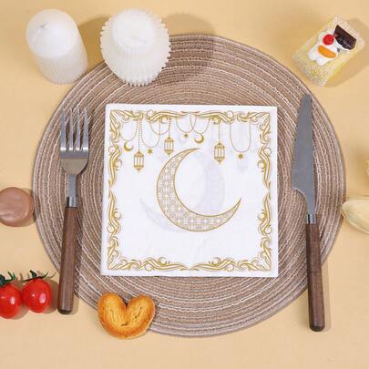 20pcs/40pcs/60pcs, Elegant Ramadan & Eid Decorative Paper Towels - Golden Crescent Moon And Lantern Design, 13x13 Inch, 2-Ply For Extra Durability, Perfect For Celebrations And Restaurants, Ramadan Decoration, Arab Festivals, Islamic Festivals