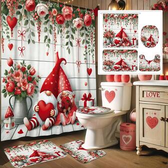 Juego de 1/4 piezas para la decoración del Día de San Valentín, con una pareja de gnomos con corazones, rosas y diseños florales. Esta linda y romántica cortina de ducha en rojo y rosa es lavable y perfecta para la decoración del baño. Incluye 12 ganchos y una alfombra antideslizante para el baño, junto con una cubierta de tapa de inodoro en forma de U, lo que lo convierte en un gran regalo para el hogar.